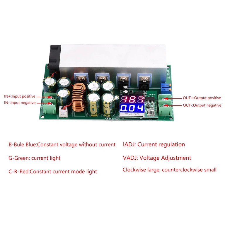 Módulo Buck DC12–80V 20A – vista superior Vista superior do módulo Buck DC12–80V 20A