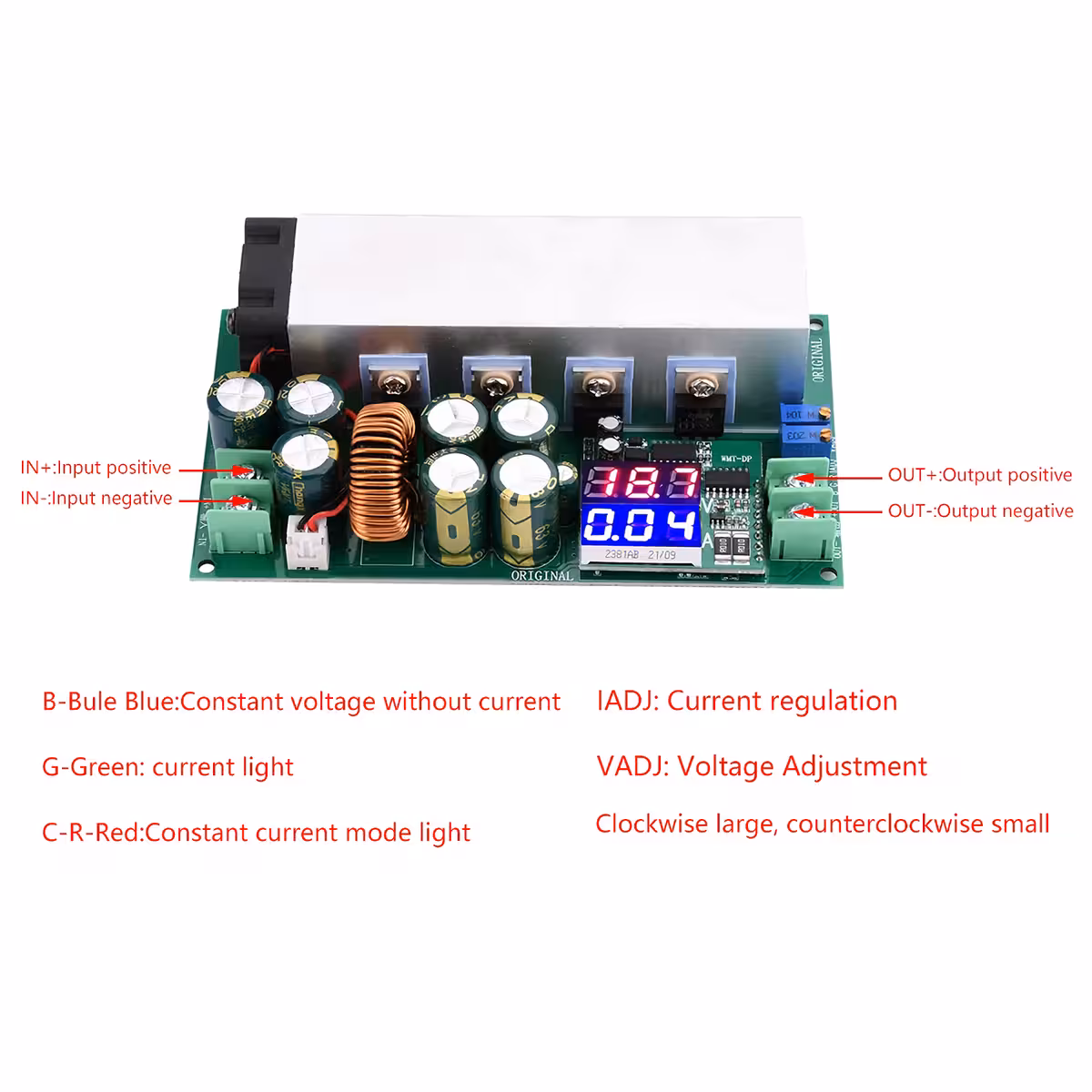 Vista superior do módulo Buck DC12–80V 20A