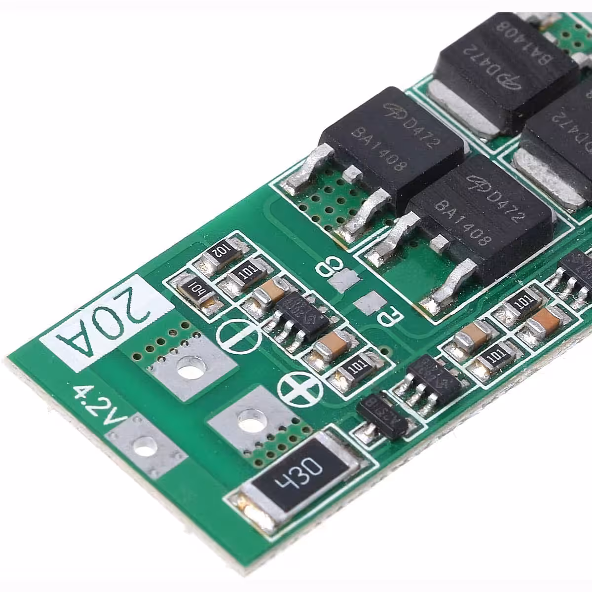 Vista traseira do módulo BMS 2S 20A, apresentando as trilhas do PCB e os pontos de solda