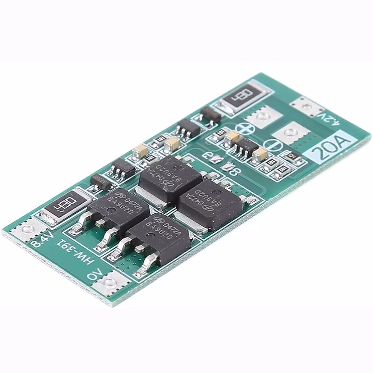 Detalhe em close-up do módulo BMS 2S 20A, com os componentes eletrônicos claramente visíveis