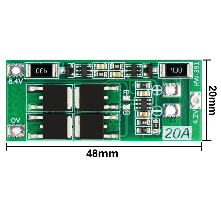 Dimensões do módulo BMS 2S 20A Imagem com as dimensões exatas do módulo BMS 2S 20A 7,4V, útil para verificação de compatibilidade em projetos