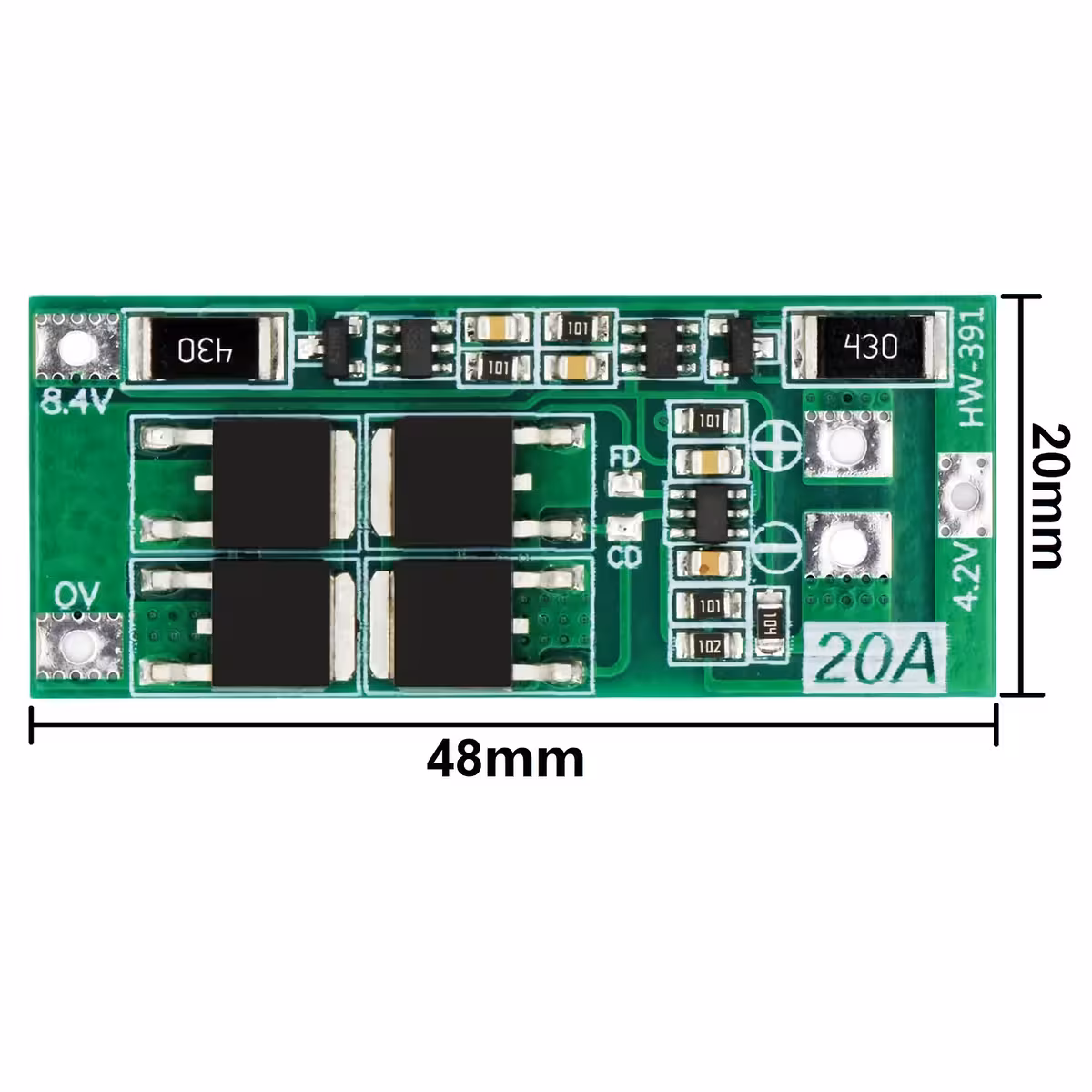Imagem com as dimensões exatas do módulo BMS 2S 20A 7,4V, útil para verificação de compatibilidade em projetos