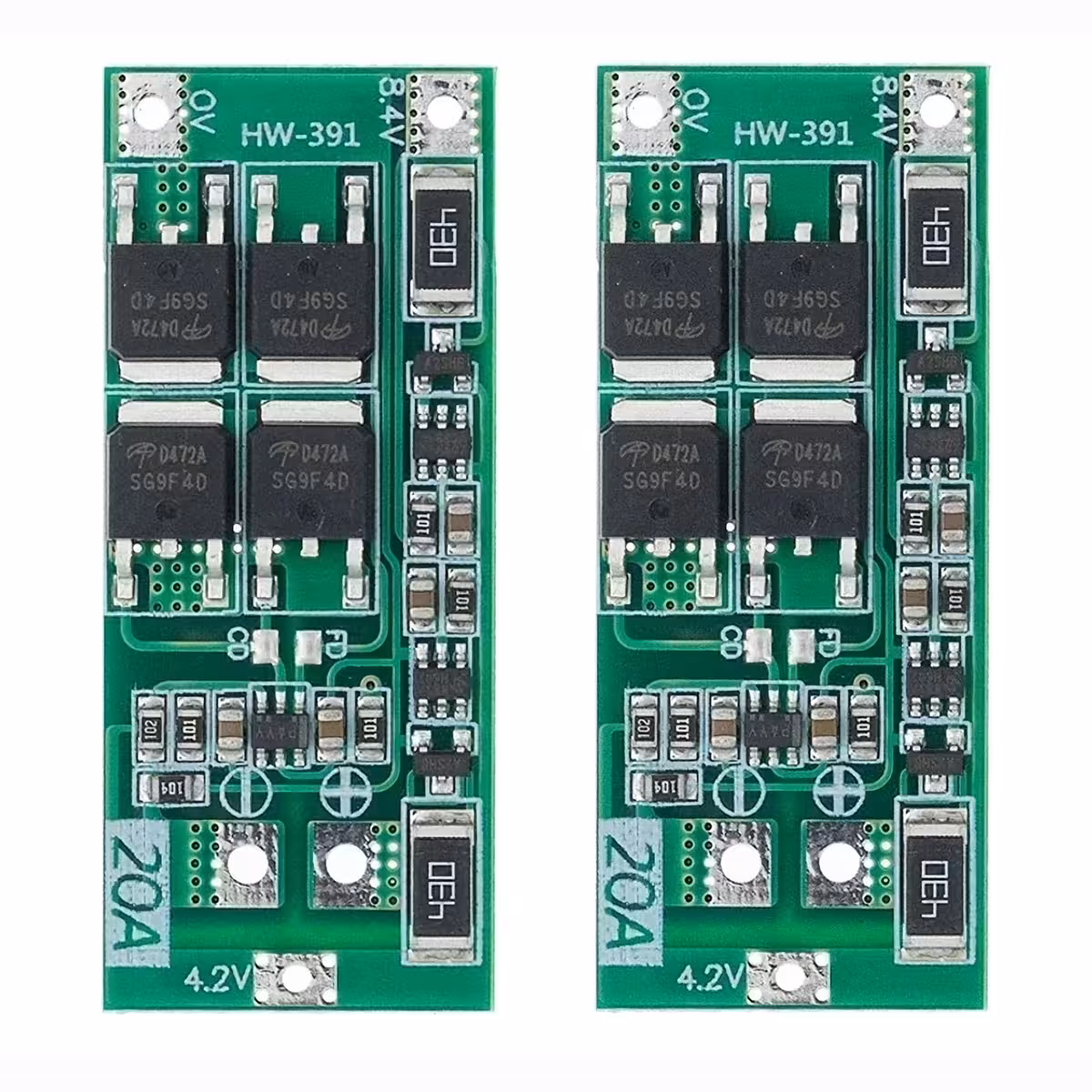 Close-up do conjunto de 2 módulos BMS 2S 20A com balanceamento, destacando os circuitos e trilhas