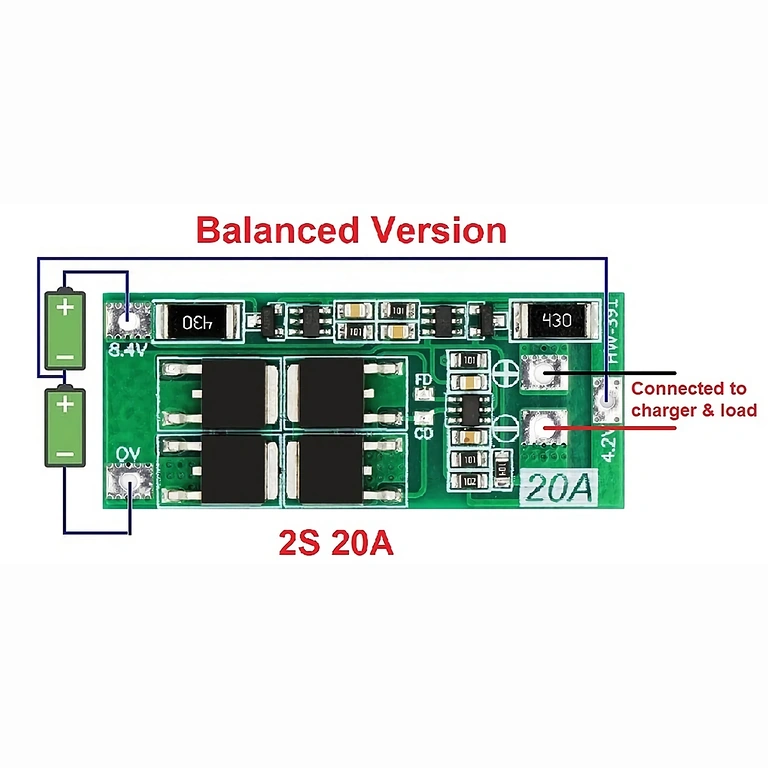 Esquema de ligação para módulo BMS 2S 20A Esquema detalhado de ligação para módulo BMS 2S 20A 7,4V com balanceamento, mostrando conexões das baterias e saídas