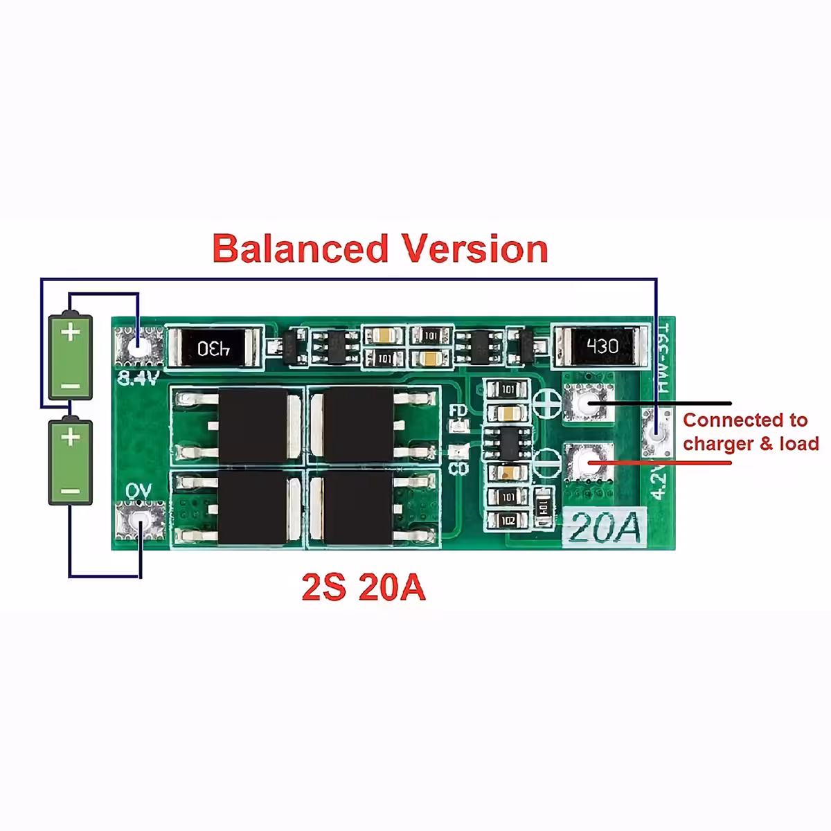 Esquema detalhado de ligação para módulo BMS 2S 20A 7,4V com balanceamento, mostrando conexões das baterias e saídas