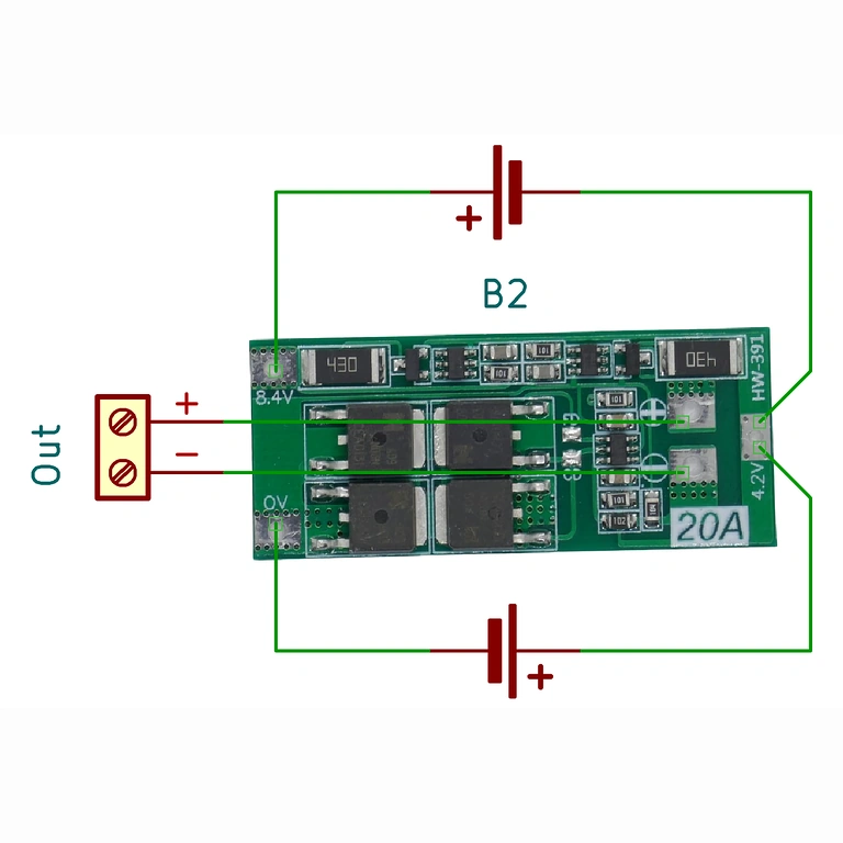 Esquema elétrico BMS 2S 20A com balanceamento Diagrama elétrico para módulo BMS 2S 20A com balanceamento, útil para instalação correta em packs Li-ion