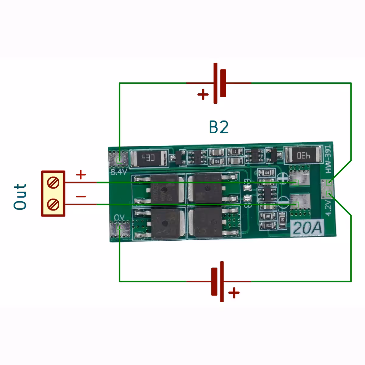 Diagrama elétrico para módulo BMS 2S 20A com balanceamento, útil para instalação correta em packs Li-ion