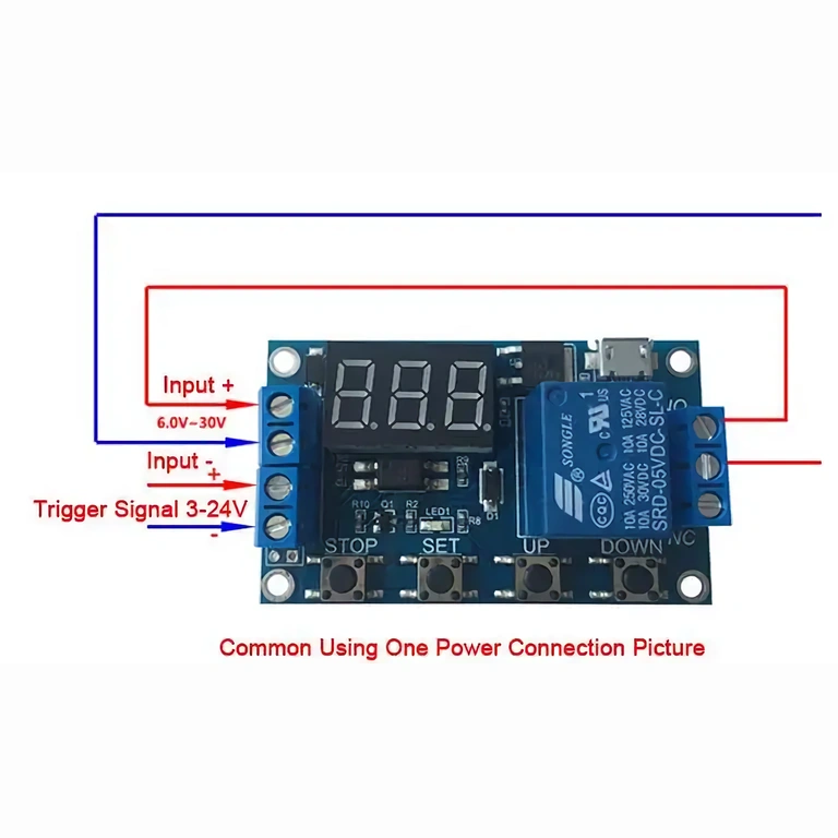Diagrama elétrico de entradas e saídas para módulo relé com atraso 6–30V