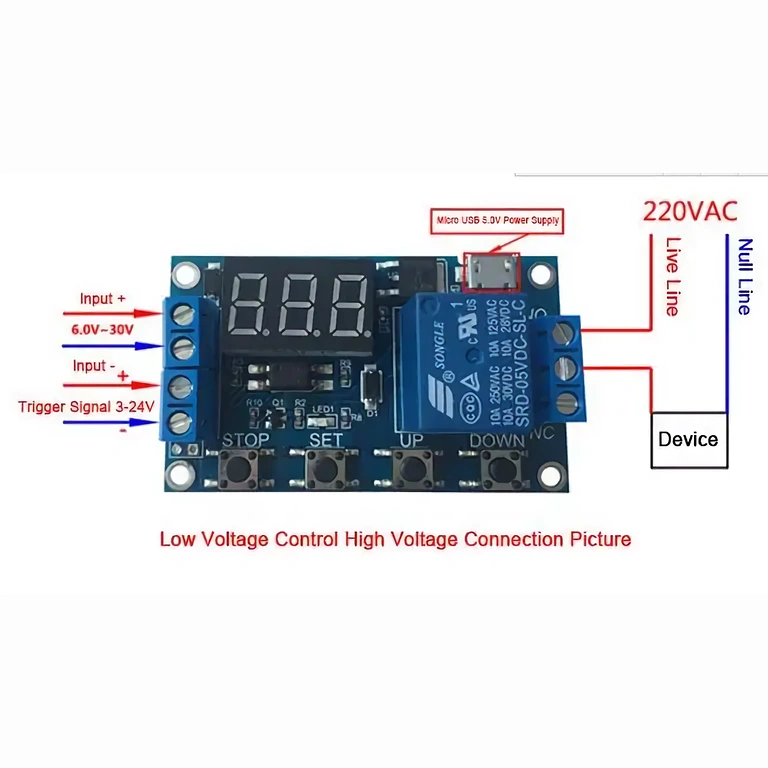 Instruções visuais de conexões do módulo relé 6–30V com temporizador ajustável