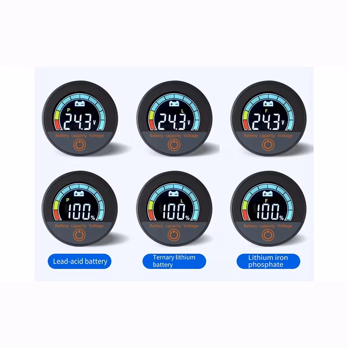 Indicador digital compatível com baterias Li-ion e LiFePO4 12V, 24V, 36V, 48V, 60V, 72V, visor de porcentagem de bateria e voltímetro para bicicleta, trotinete e scooter elétrica