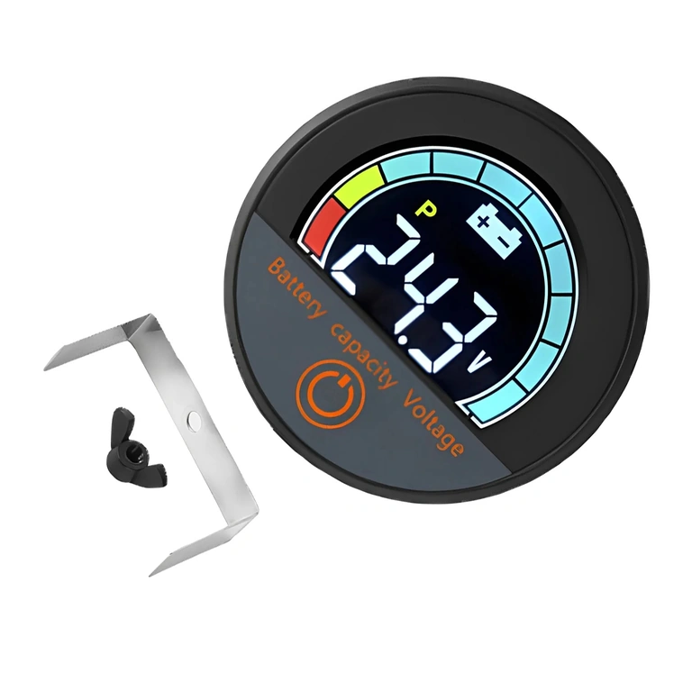 Indicador digital – vista frontal Vista frontal do módulo digital com visor de porcentagem de bateria e voltímetro, Li-ion e LiFePO4, 12V–72V, para bicicleta, trotinete e scooter elétrica