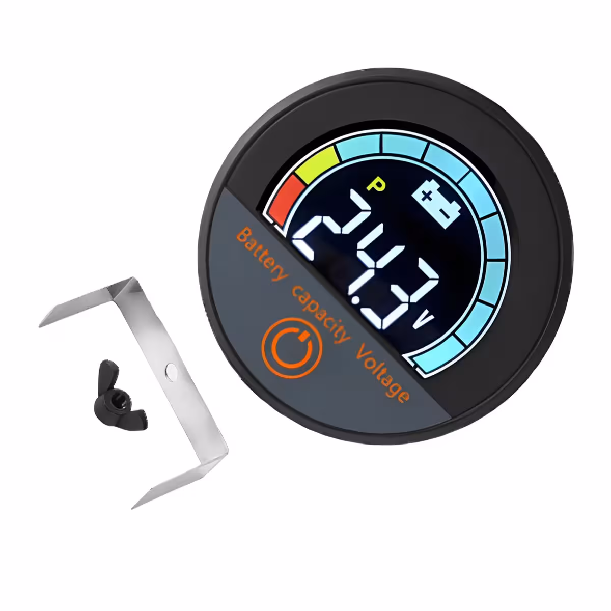 Vista frontal do módulo digital com visor de porcentagem de bateria e voltímetro, Li-ion e LiFePO4, 12V–72V, para bicicleta, trotinete e scooter elétrica