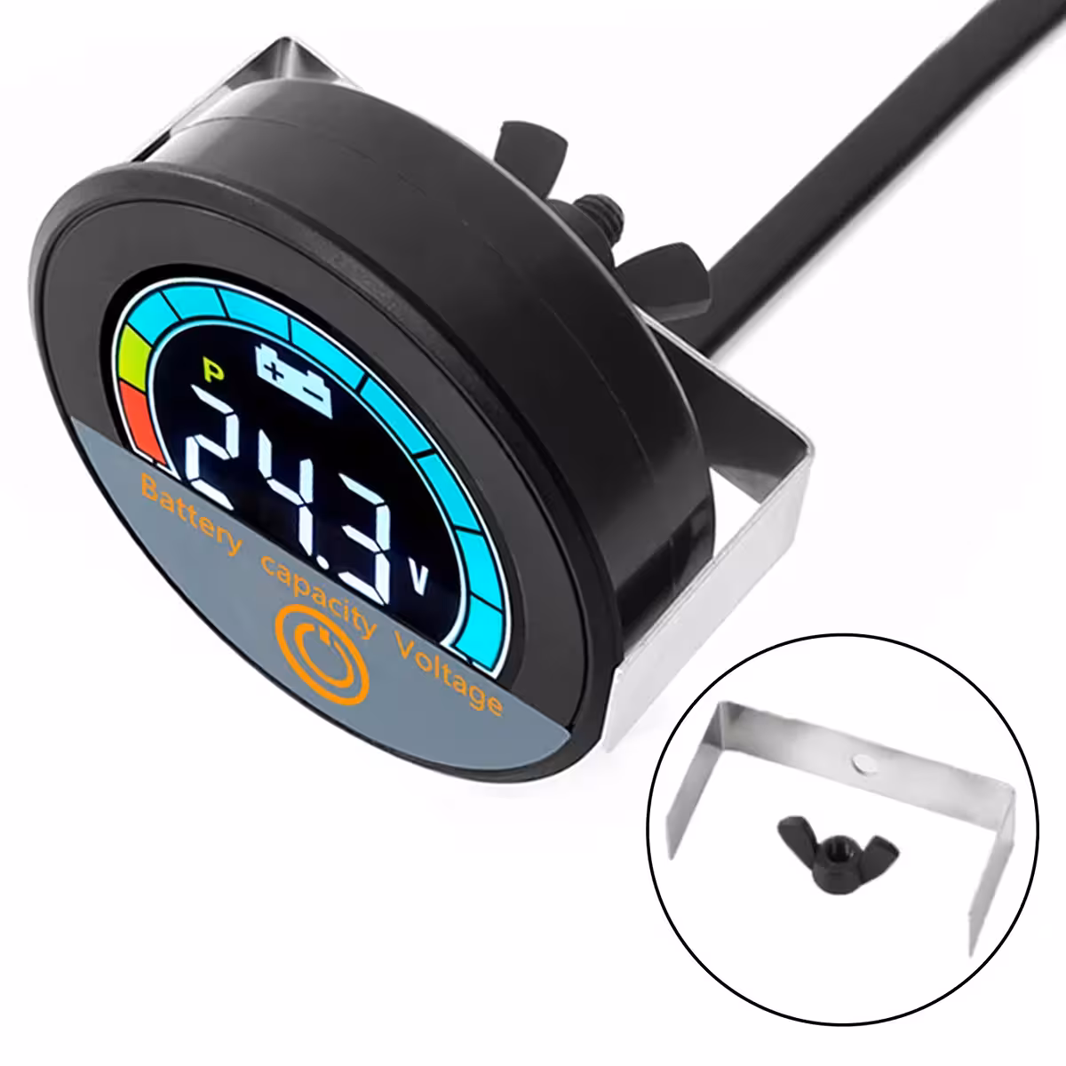 Vista lateral do módulo digital com visor de porcentagem de bateria e voltímetro, compatível com baterias Li-ion e LiFePO4 para bicicleta, trotinete e scooter elétrica