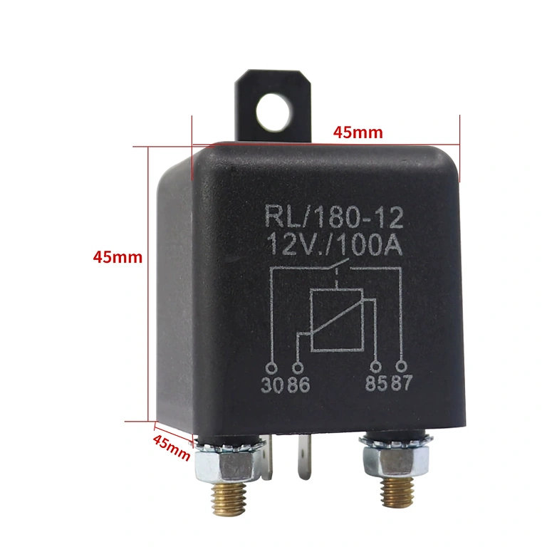 Relé automóvel 12V 100A – dimensões Relé automotivo 12V 100A – vista com dimensões exatas da carcaça e dos pinos