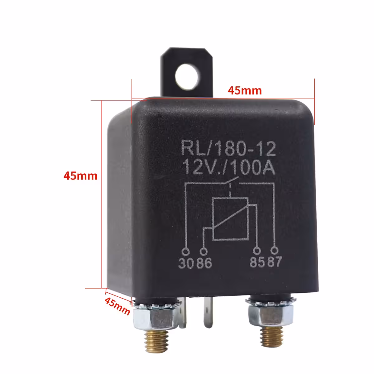 Relé automotivo 12V 100A – vista com dimensões exatas da carcaça e dos pinos