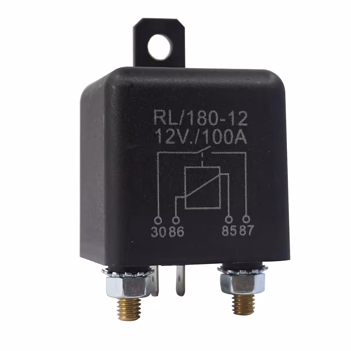 Relé automotivo 12V 100A – vista superior com marcação do modelo