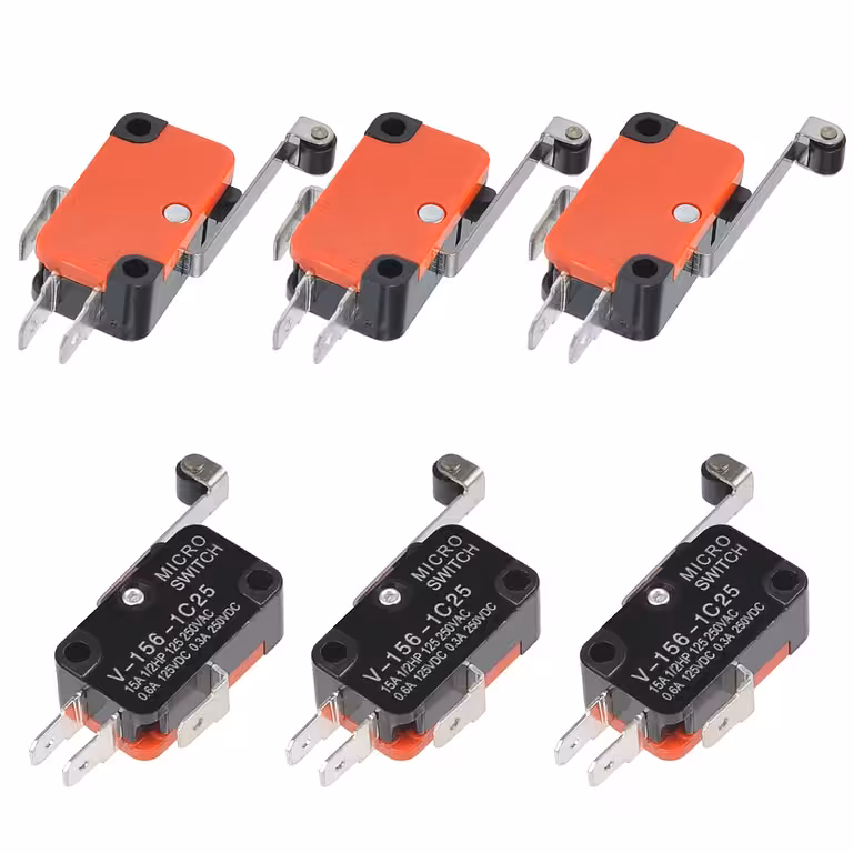 Conjunto 6 peças – Interruptor Limitador de Curso com Rolo e Alavanca Longa (endstop) – Micro switch industrial 15A para AC/DC