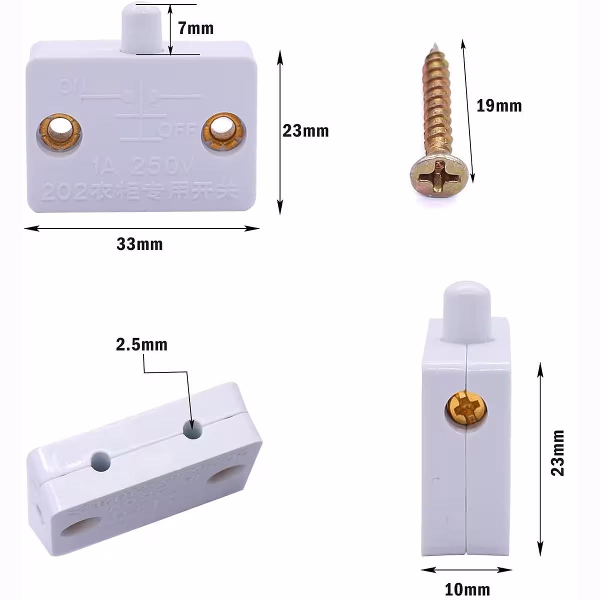 Dimensões do interruptor de porta de armário embutido
