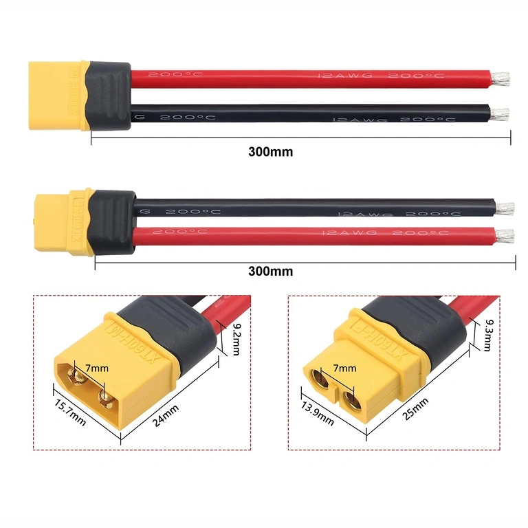 Esquema com dimensões do conector XT60 fêmea e macho