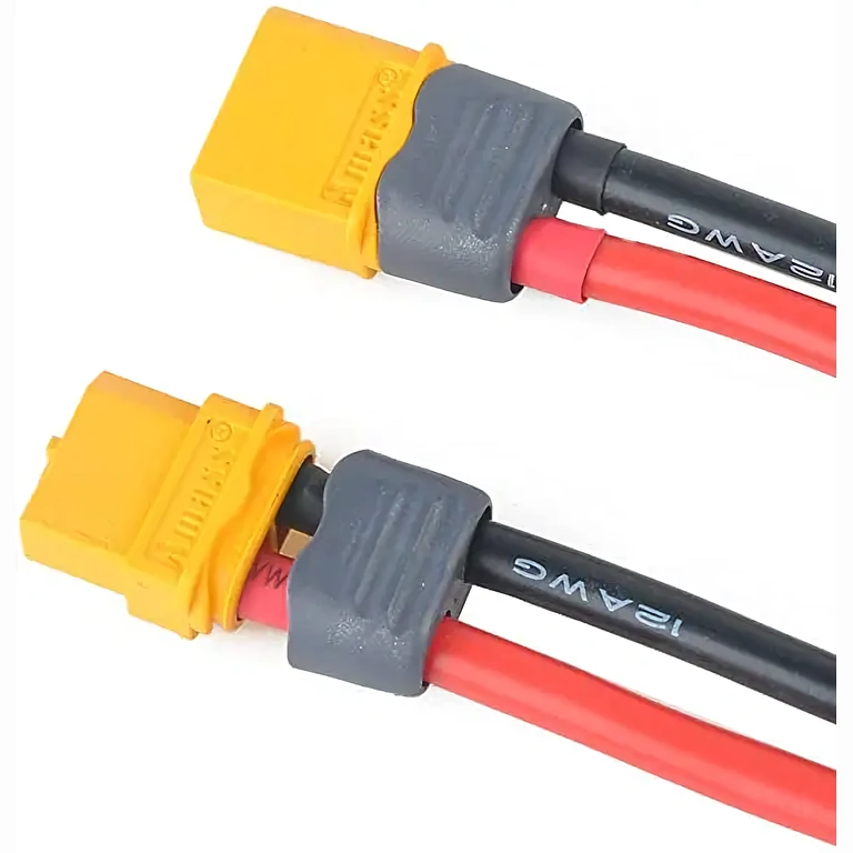 Par de conectores XT60 fêmea e macho com cabo 12AWG, vista frontal detalhada