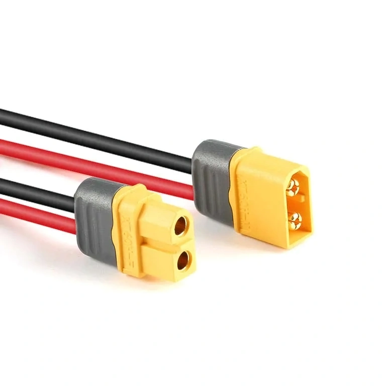 Conectores XT60 fêmea e macho com cabo 12AWG, perspectiva angular
