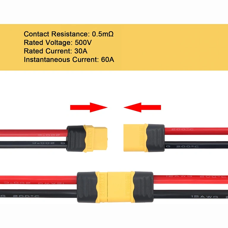 Detalhe do par XT60 com fio 12AWG de silicone