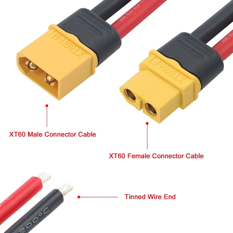 Vista superior do par de conectores XT60 com cabo 12AWG, arranjo claro para montagem