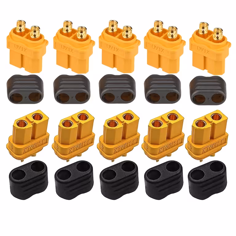 Conector XT60 – Conjunto 5 peças Fêmea + Macho, Conectores para Baterias Li-Ion, LiPo e LiFePO₄