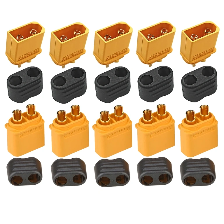 Vista superior do conjunto de 5 conectores XT60H, mostrando contatos banhados a ouro