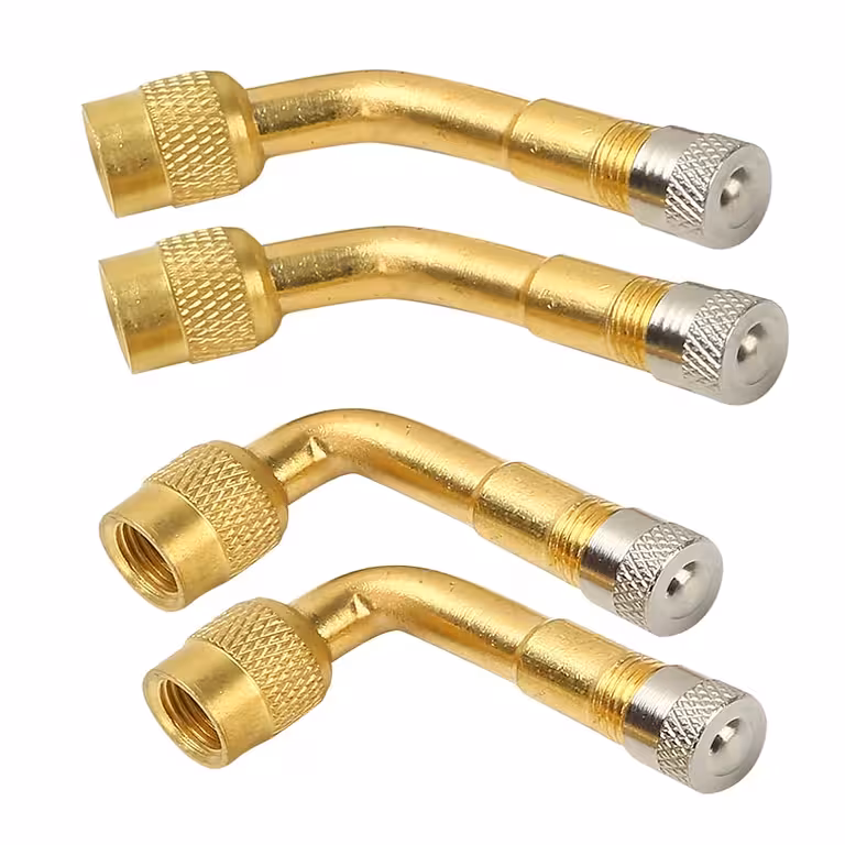 Conjunto 4 peças Extensor de Válvula Automotiva Metálica 90° e 135° com Válvula – Compatível com Carro, Caminhão, Bicicleta e Scooter Elétrico