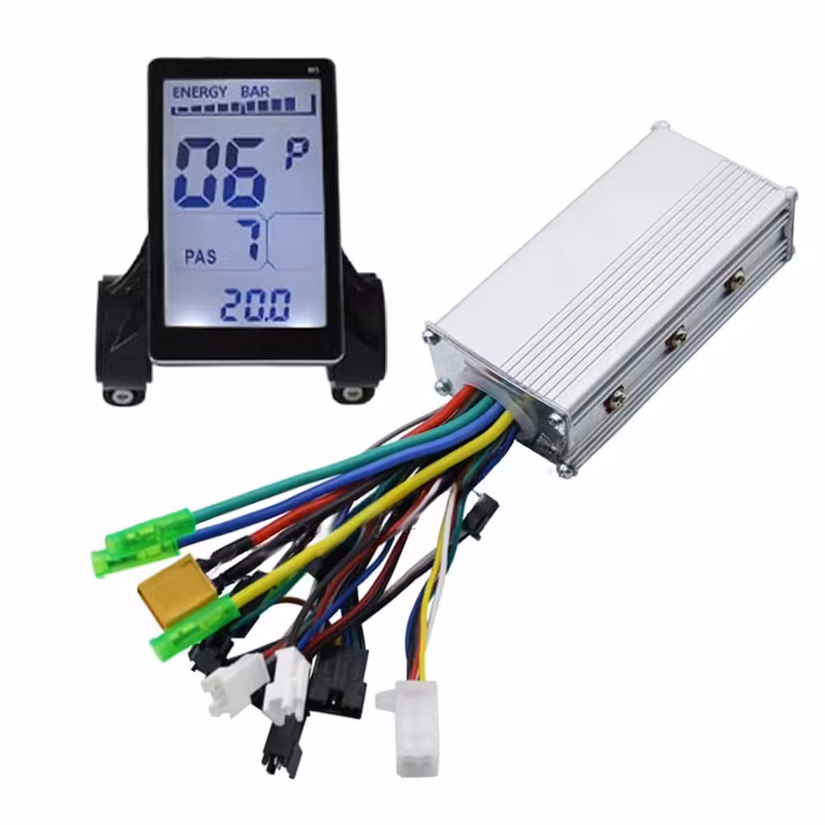 Vista frontal do controlador e do display M5 para bicicleta elétrica 500W–1000W